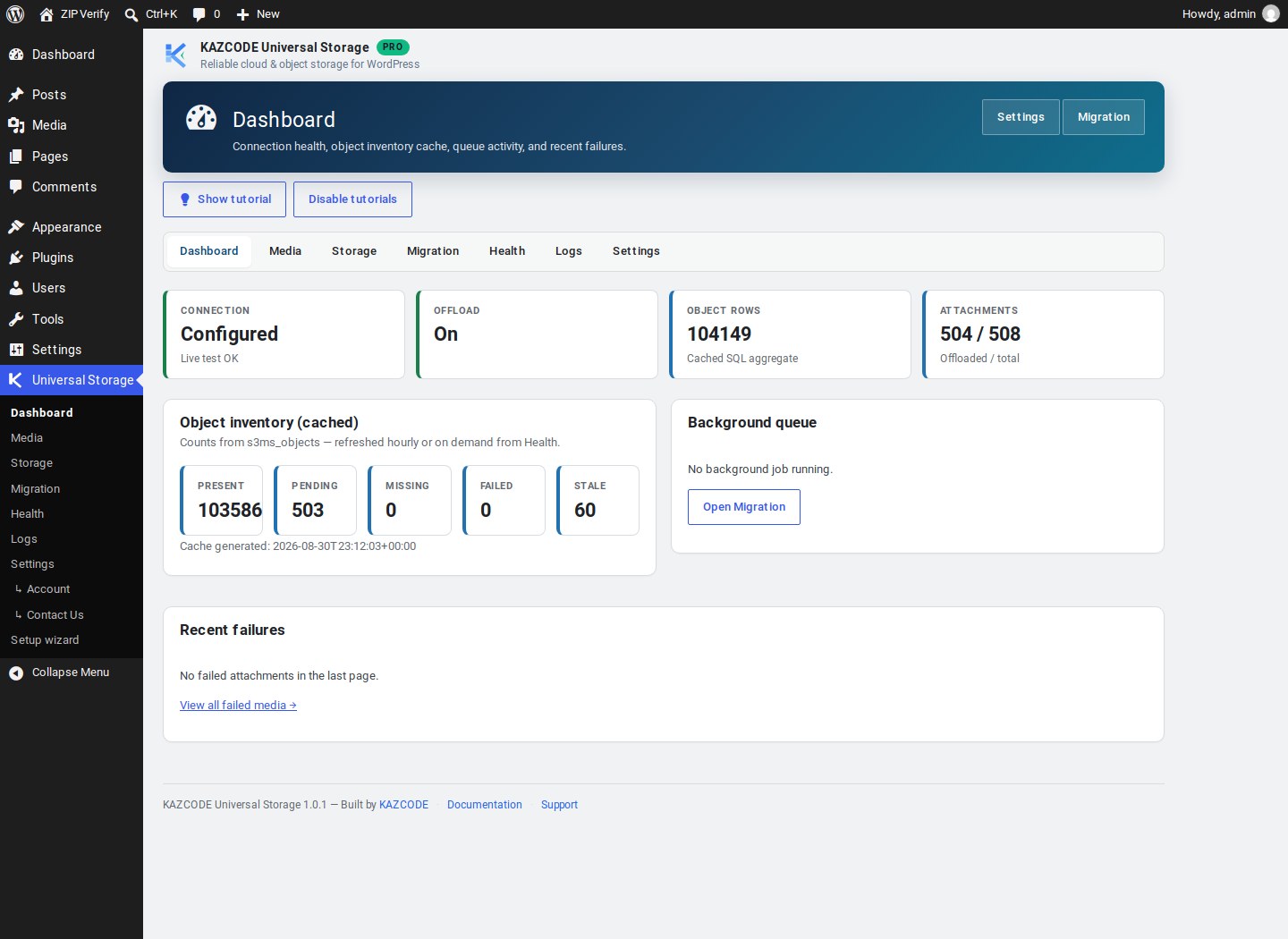 KAZCODE Universal Storage Dashboard in wp-admin, showing connection, offload and object inventory status