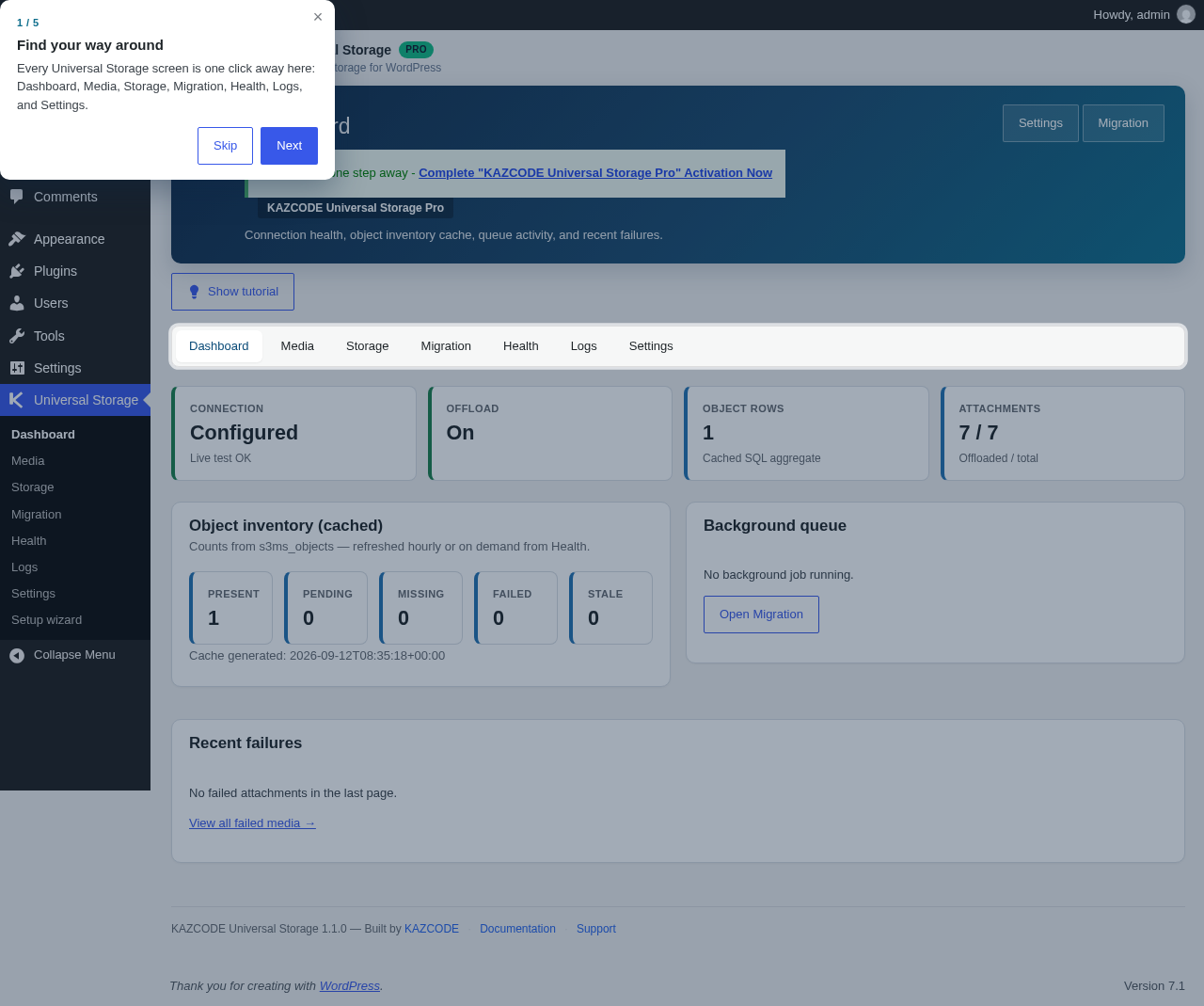 Universal Storage Dashboard showing connection, offload, and object inventory status