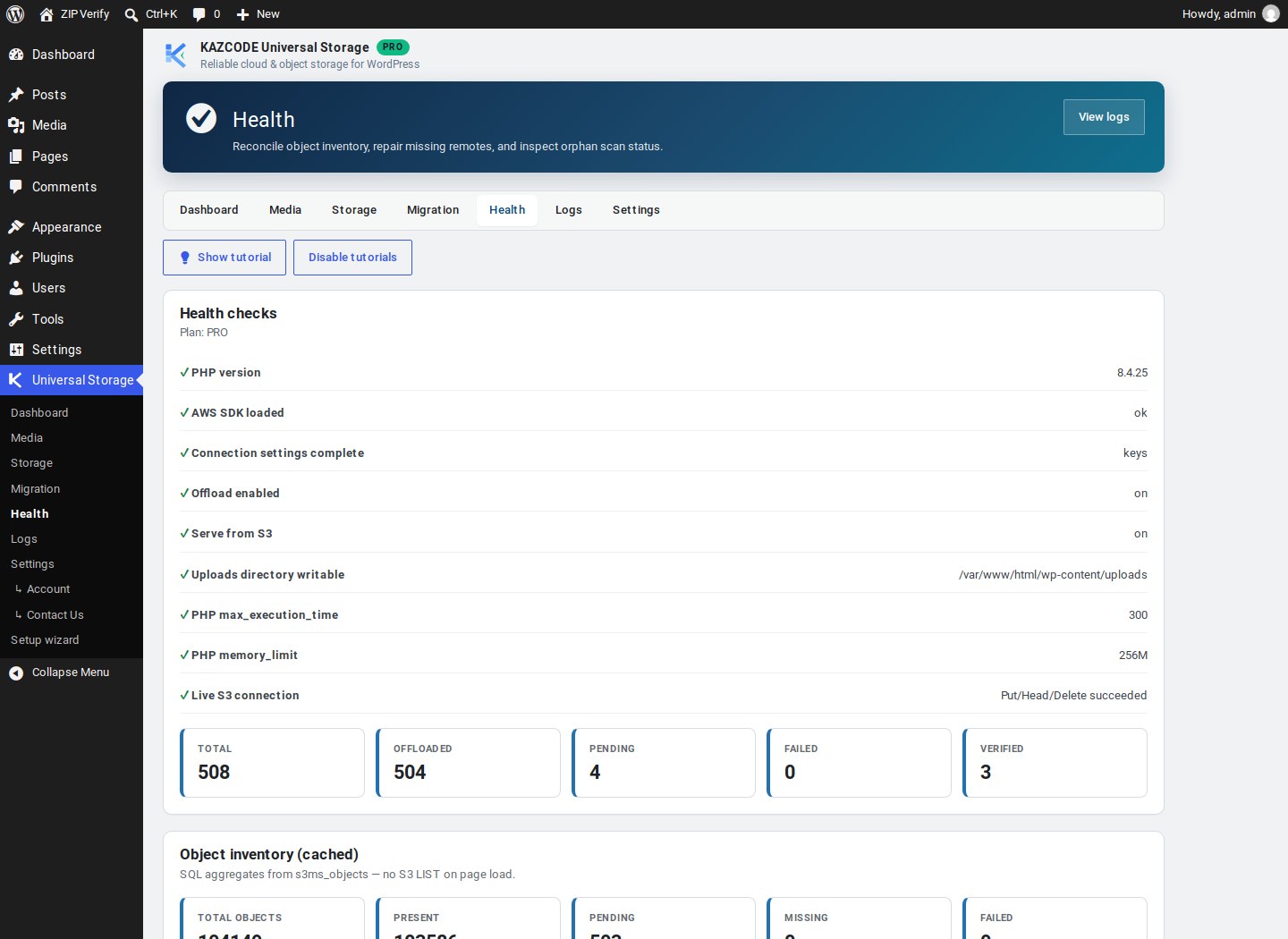 Health screen with the checklist, connection/offload/object stats, and inventory cache