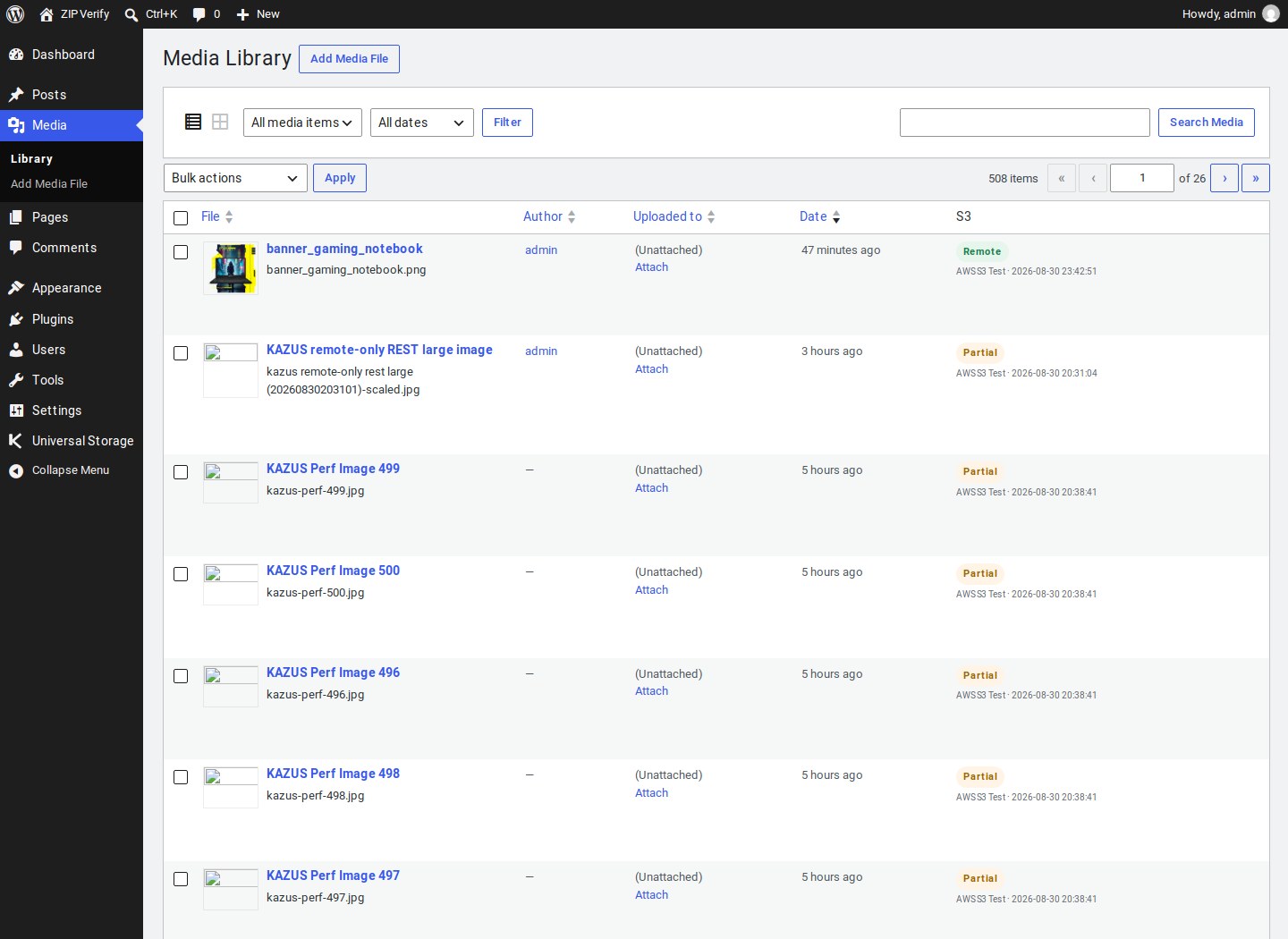 WordPress Media Library list view with the plugin's S3 status column showing Remote/Local per attachment