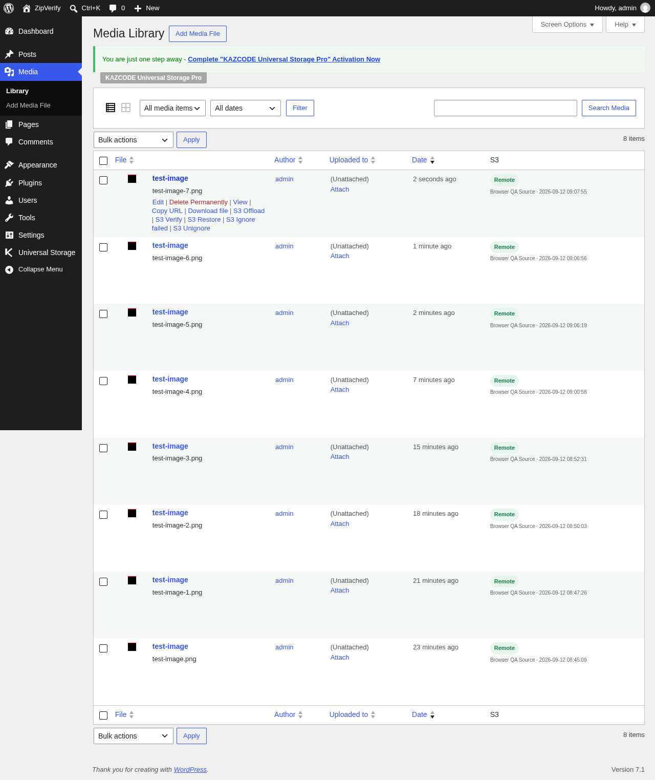 WordPress Media Library with KAZCODE Universal Storage status information for offloaded attachments