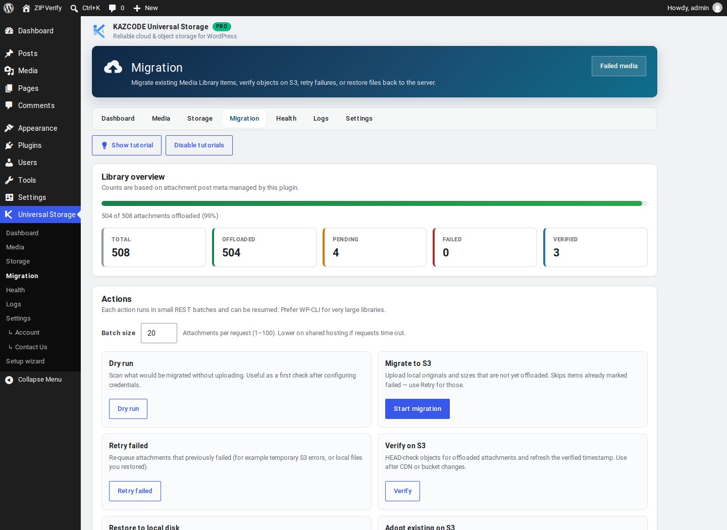Migration screen with library overview, batch actions, and progress log