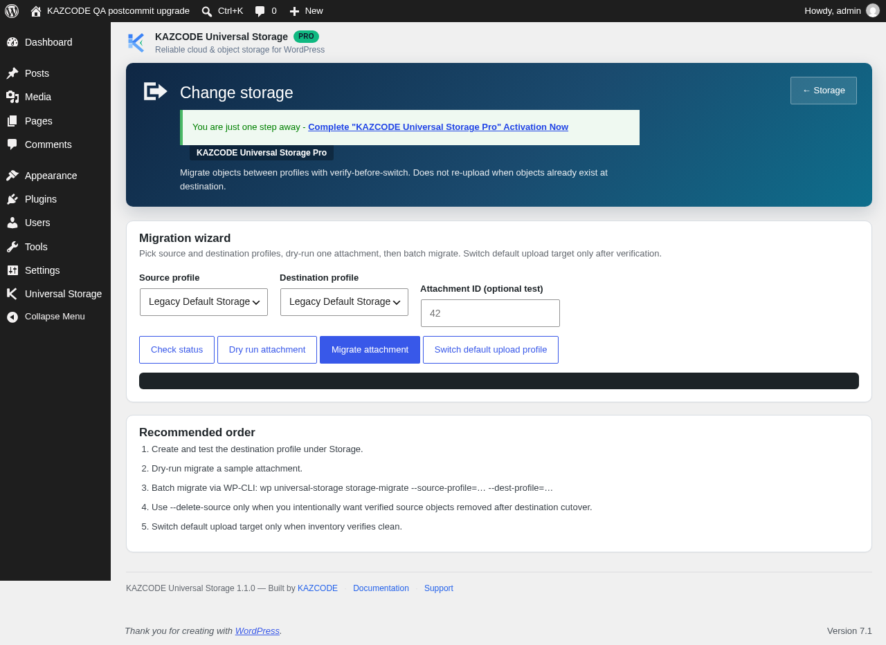 KAZCODE Universal Storage setup screen used to configure and test a storage provider