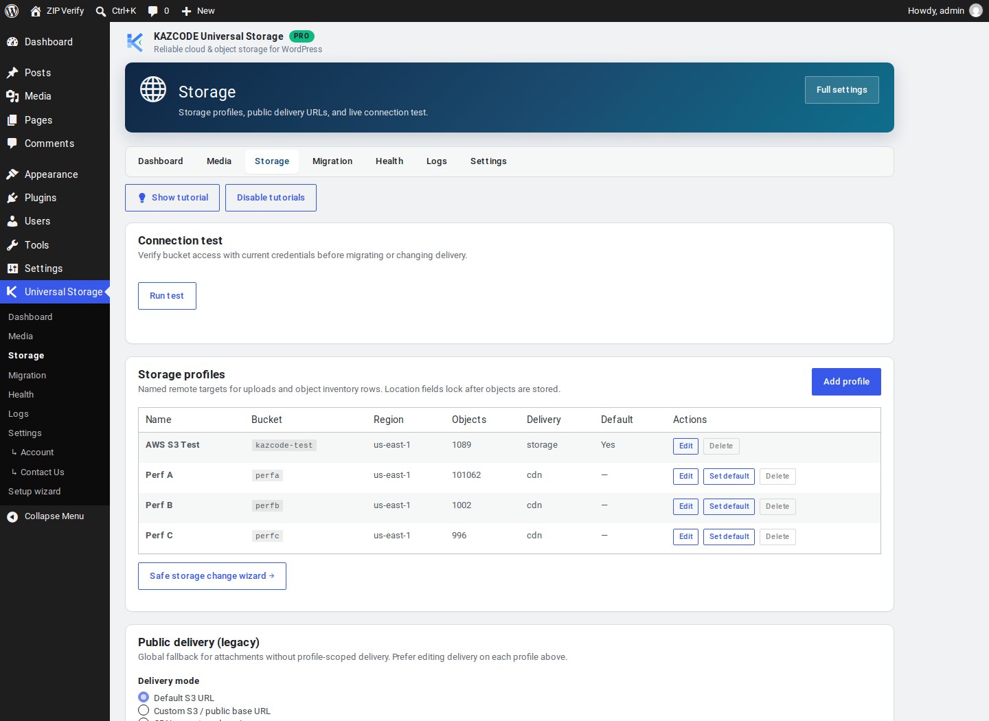Storage profile edit form with provider preset, bucket, region, and endpoint fields