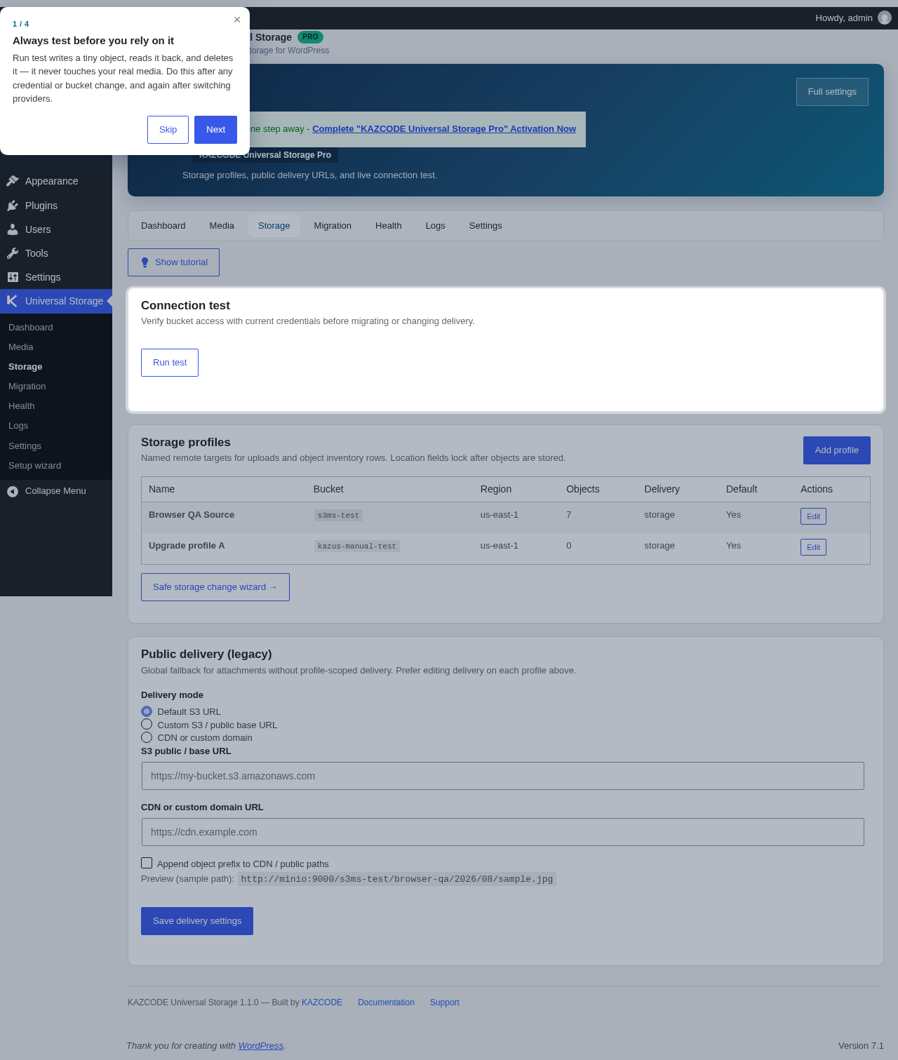 Storage settings screen with provider configuration and connection test controls